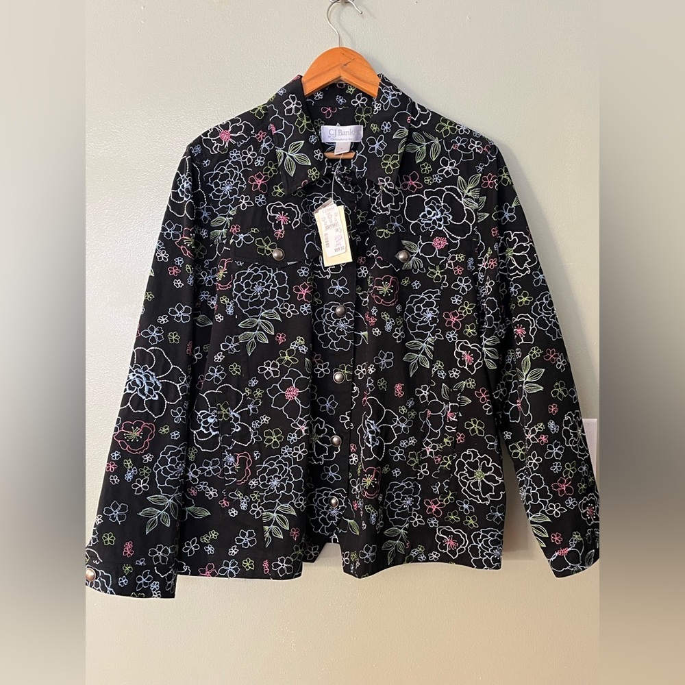 CJ Banks Black Jacket with Floral Embroidery 100% Cotton 14W NWT